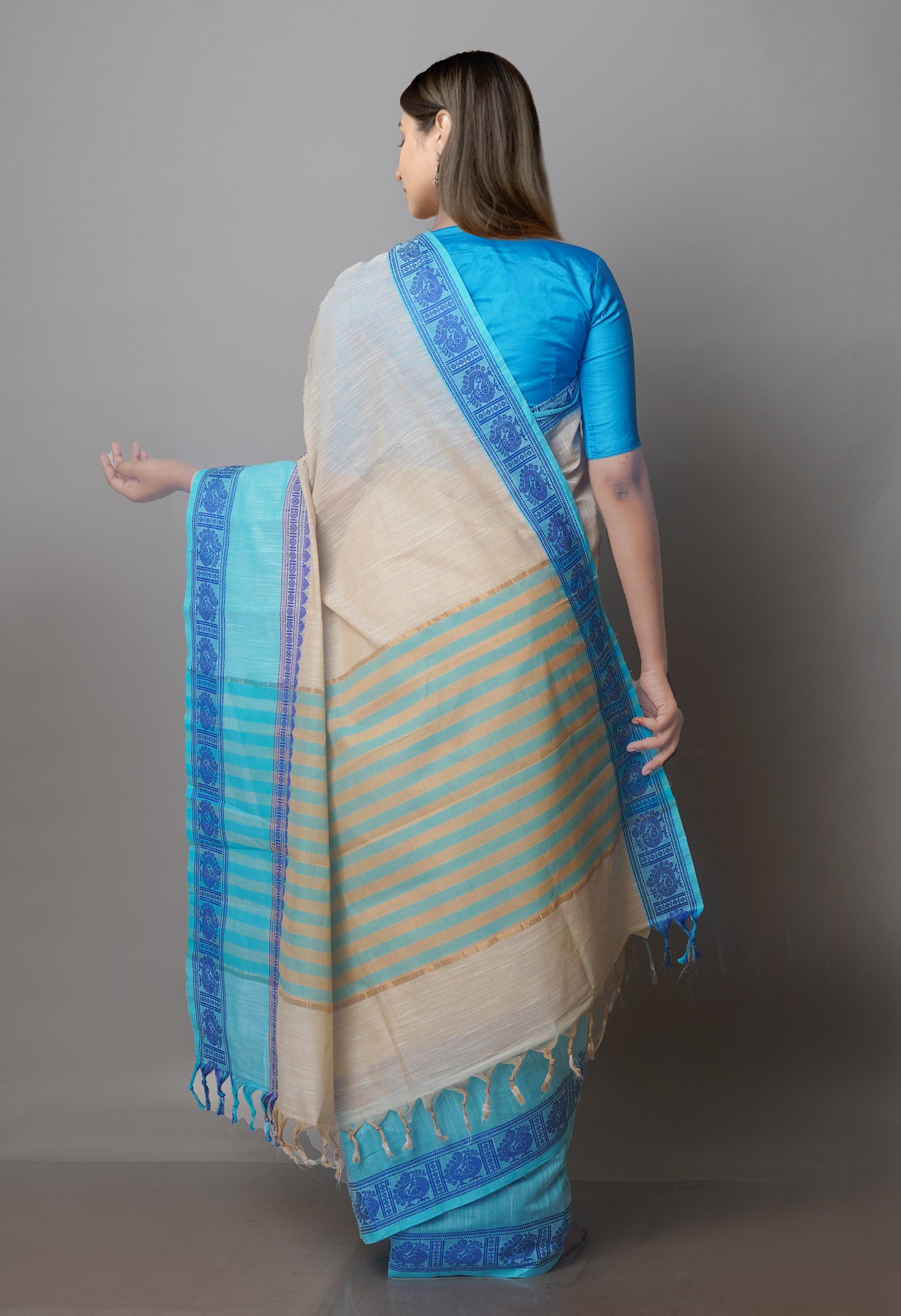 Cream-Sky Blue Pure Superfine Handloom Cotton Saree-UNM70749