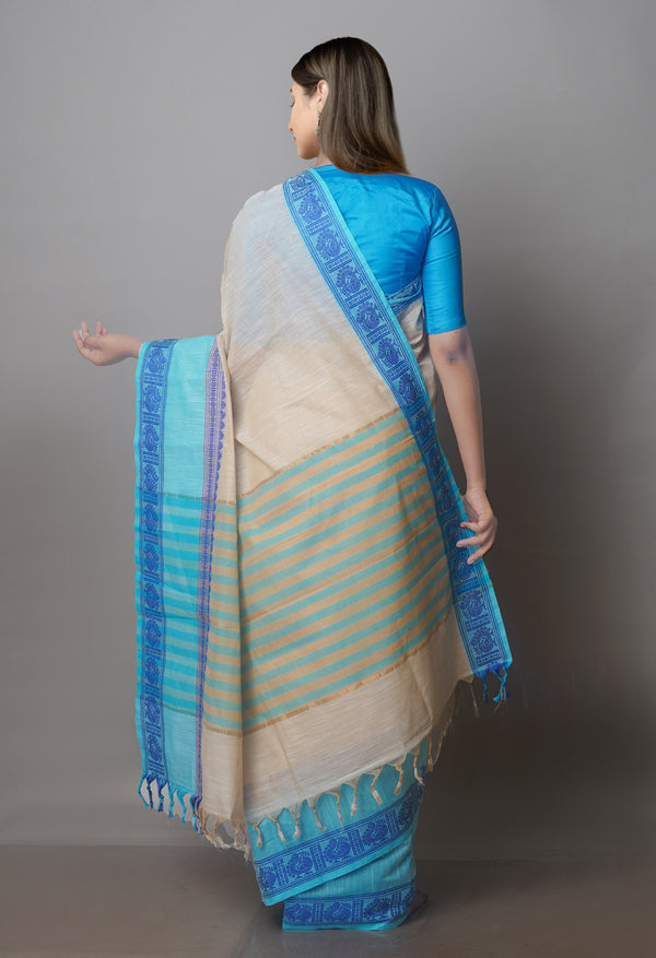 Cream-Sky Blue Pure Superfine Handloom Cotton Saree-UNM70749