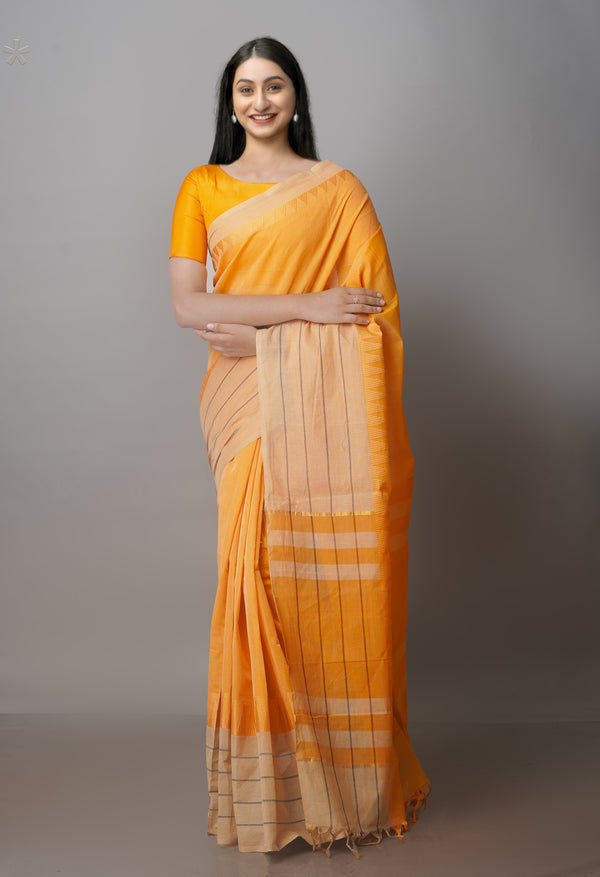 Yellow-Brown Pure Superfine Handloom Cotton Saree-UNM70751