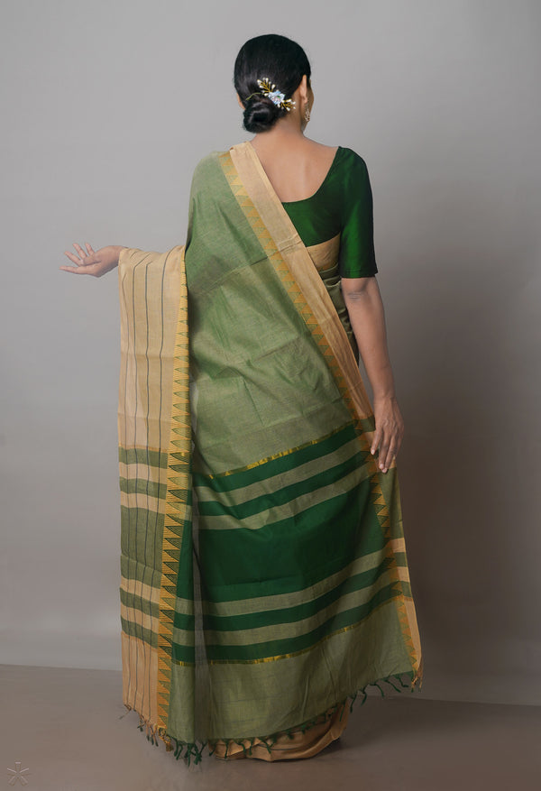 Light Green-Brown Pure Superfine Handloom Cotton Saree-UNM70752