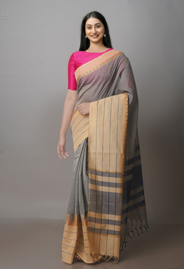 Grey-Brown Pure Superfine Handloom Cotton Saree-UNM70753