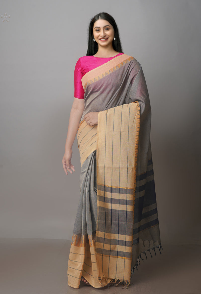 Grey-Brown Pure Superfine Handloom Cotton Saree-UNM70753
