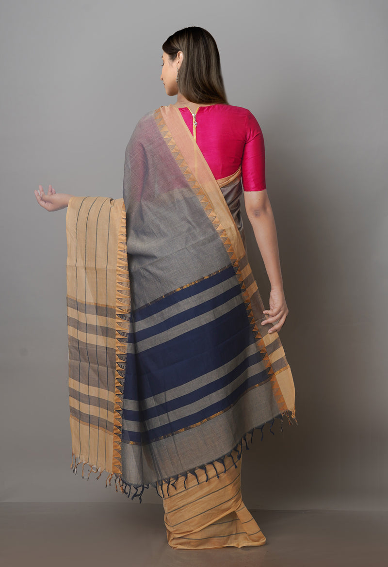 Grey-Brown Pure Superfine Handloom Cotton Saree-UNM70753