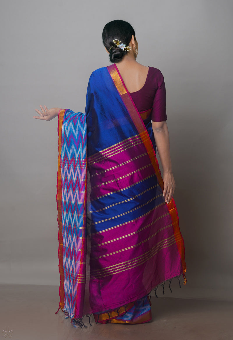 Blue Mangalgiri Silk Saree with pochampally border-UNM70797