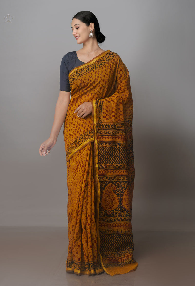 Marron Green Art Chanderi Bagh Printed Cotton Saree-UNM70847