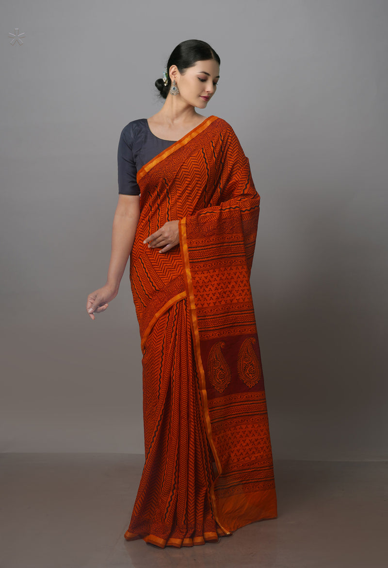 Rust Orange Art Chanderi Bagh Printed Cotton Saree-UNM70849