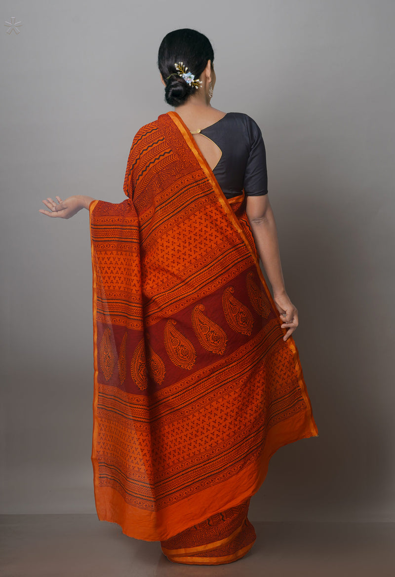 Rust Orange Art Chanderi Bagh Printed Cotton Saree-UNM70849