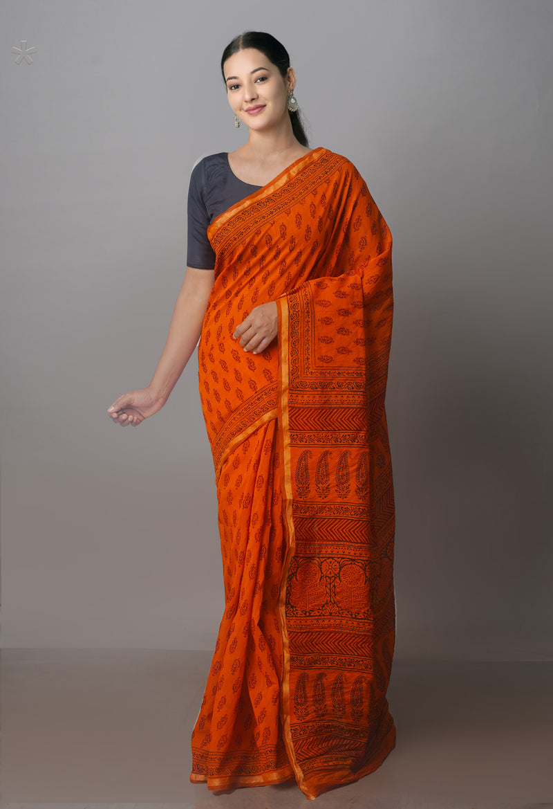 Rust Orange Art Chanderi Bagh Printed Cotton Saree-UNM70852
