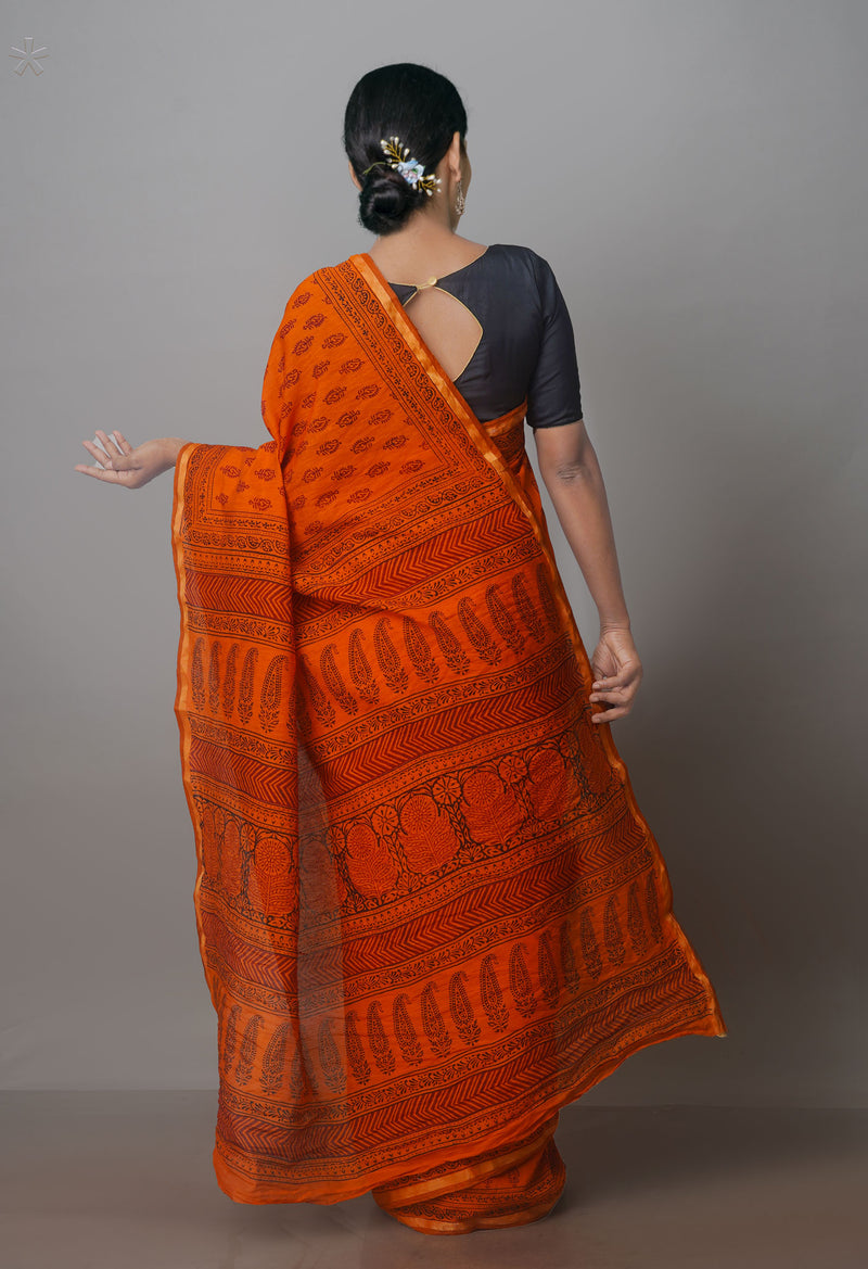 Rust Orange Art Chanderi Bagh Printed Cotton Saree-UNM70852
