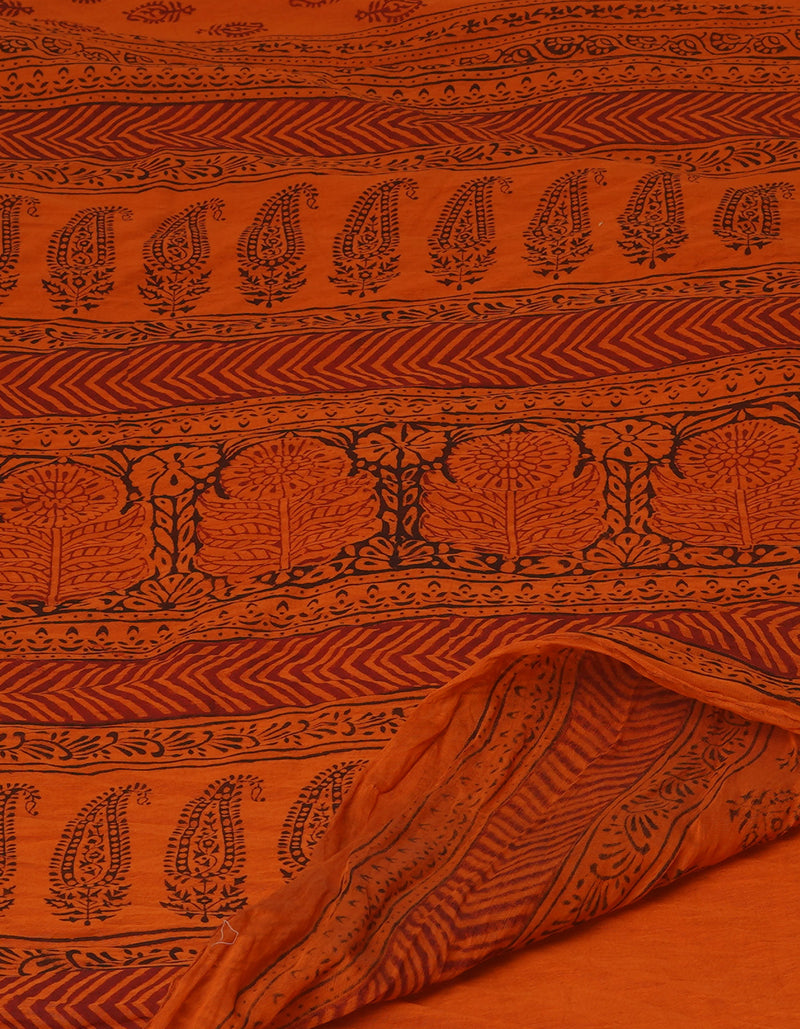 Rust Orange Art Chanderi Bagh Printed Cotton Saree-UNM70852