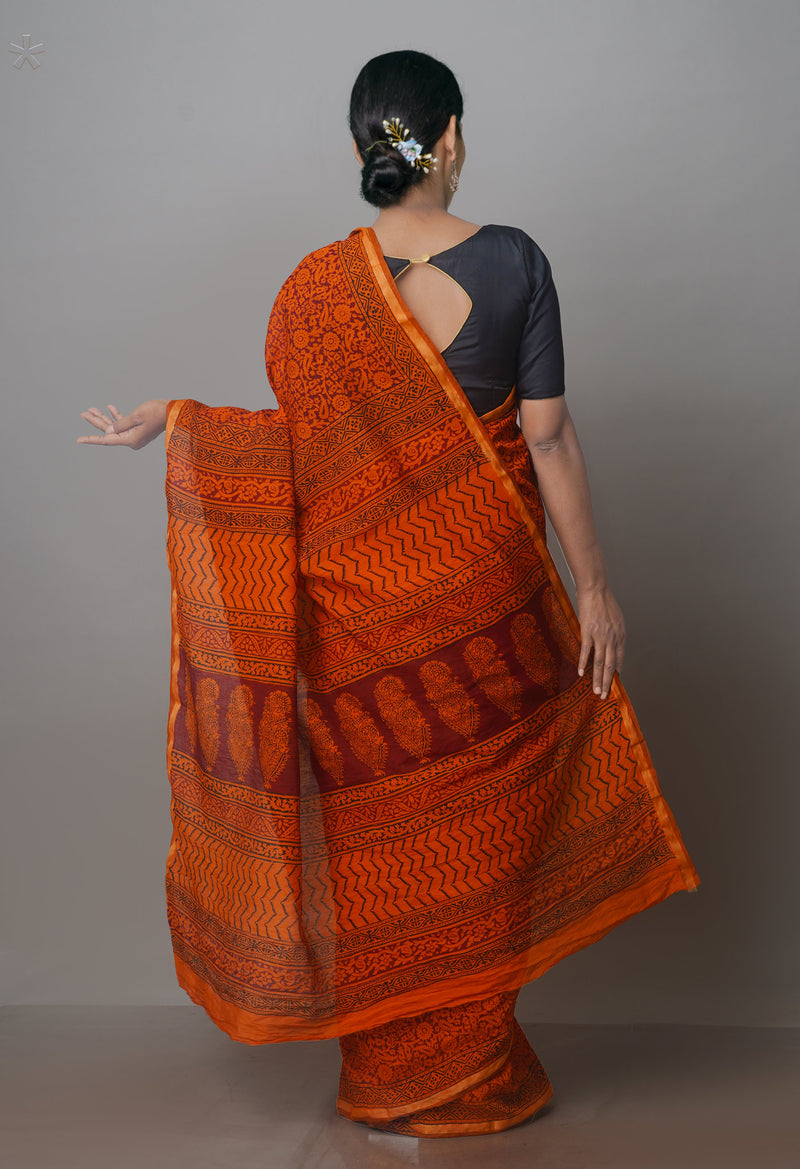 Rust Orange Art Chanderi Bagh Printed Cotton Saree-UNM70863