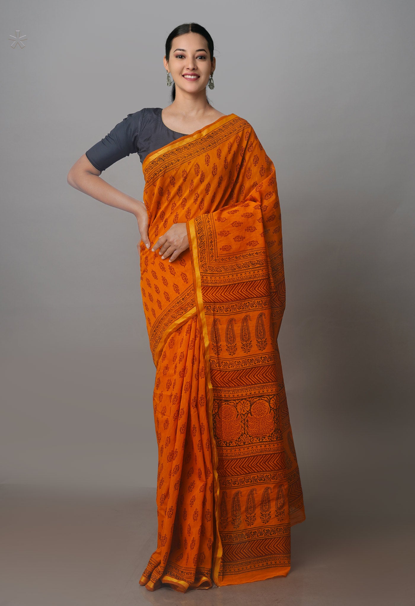 Rust Orange Art Chanderi Bagh Printed Cotton Saree-UNM70865