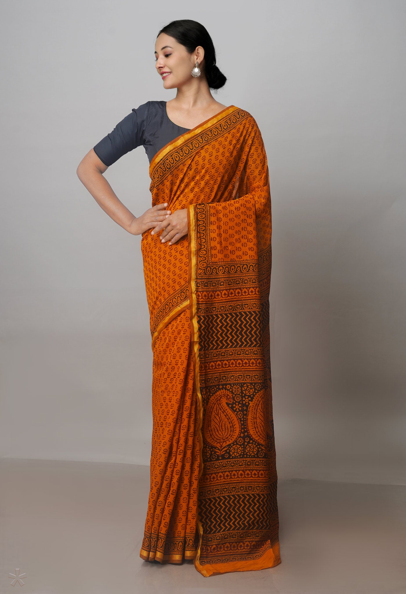 Orange Bagh Printed Chanderi Cotton Saree