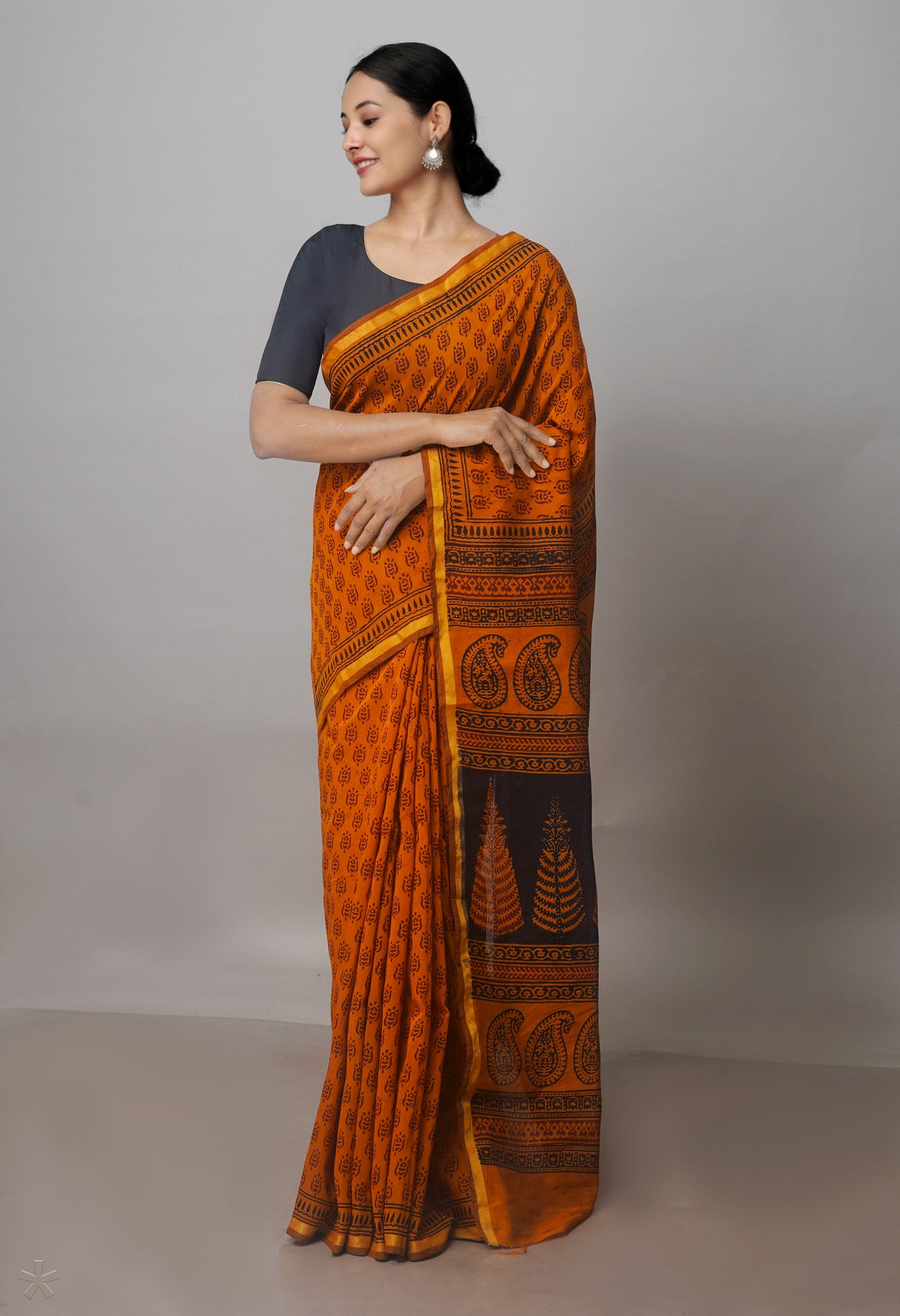 Orange Art Chanderi Bagh Printed Cotton Saree-UNM70873