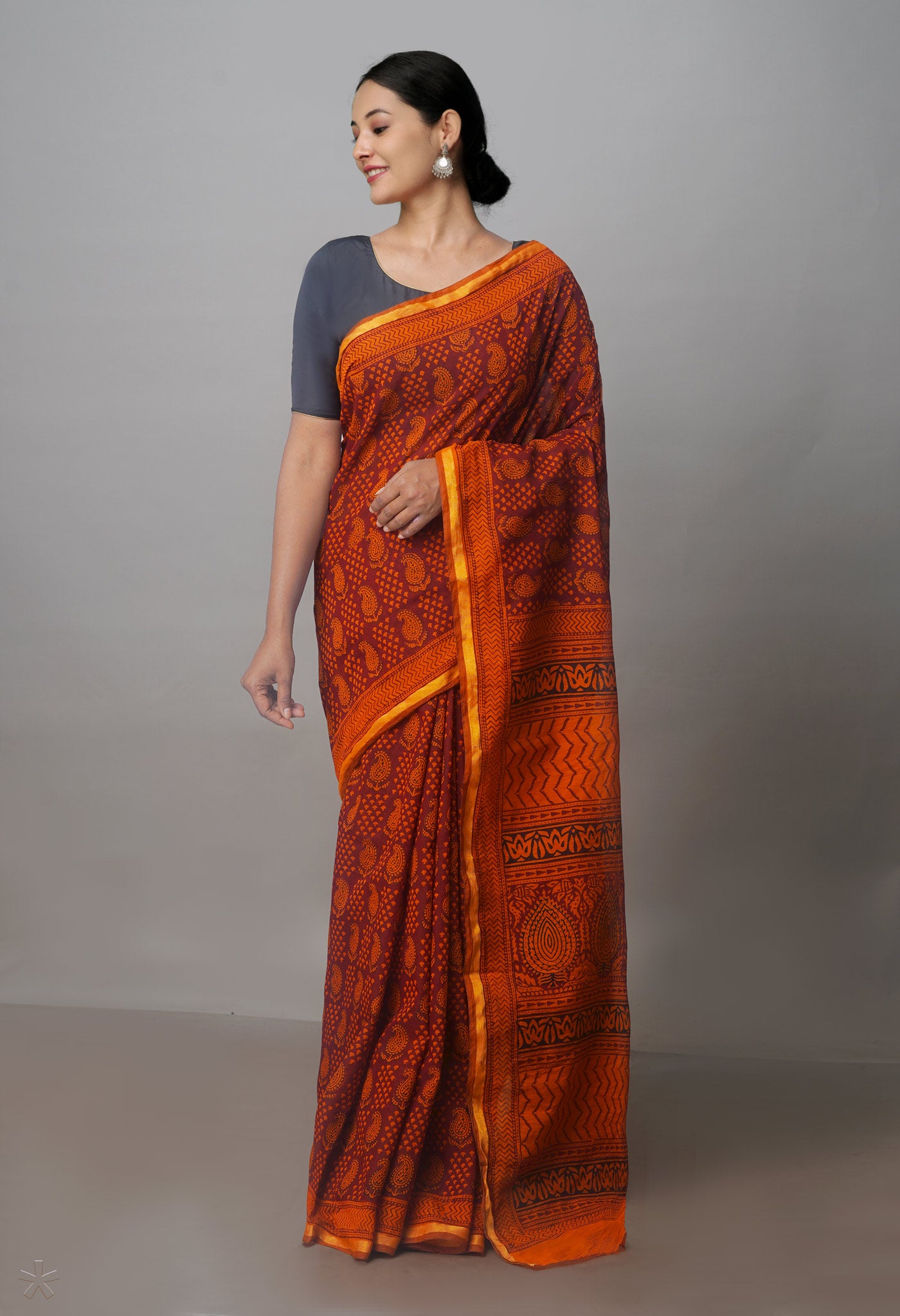 Brown Art Chanderi Bagh Printed Cotton Saree