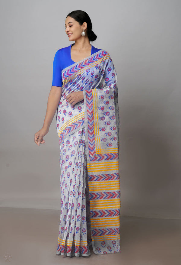 Cream Buttercup Yellow Block Printed Meghalaya Supernet Saree With Ikkattu Blouse Piece-UNM70878