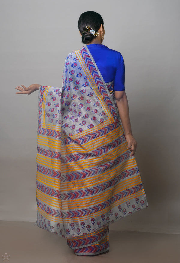 Cream Buttercup Yellow Block Printed Meghalaya Supernet Saree With Ikkattu Blouse Piece-UNM70878