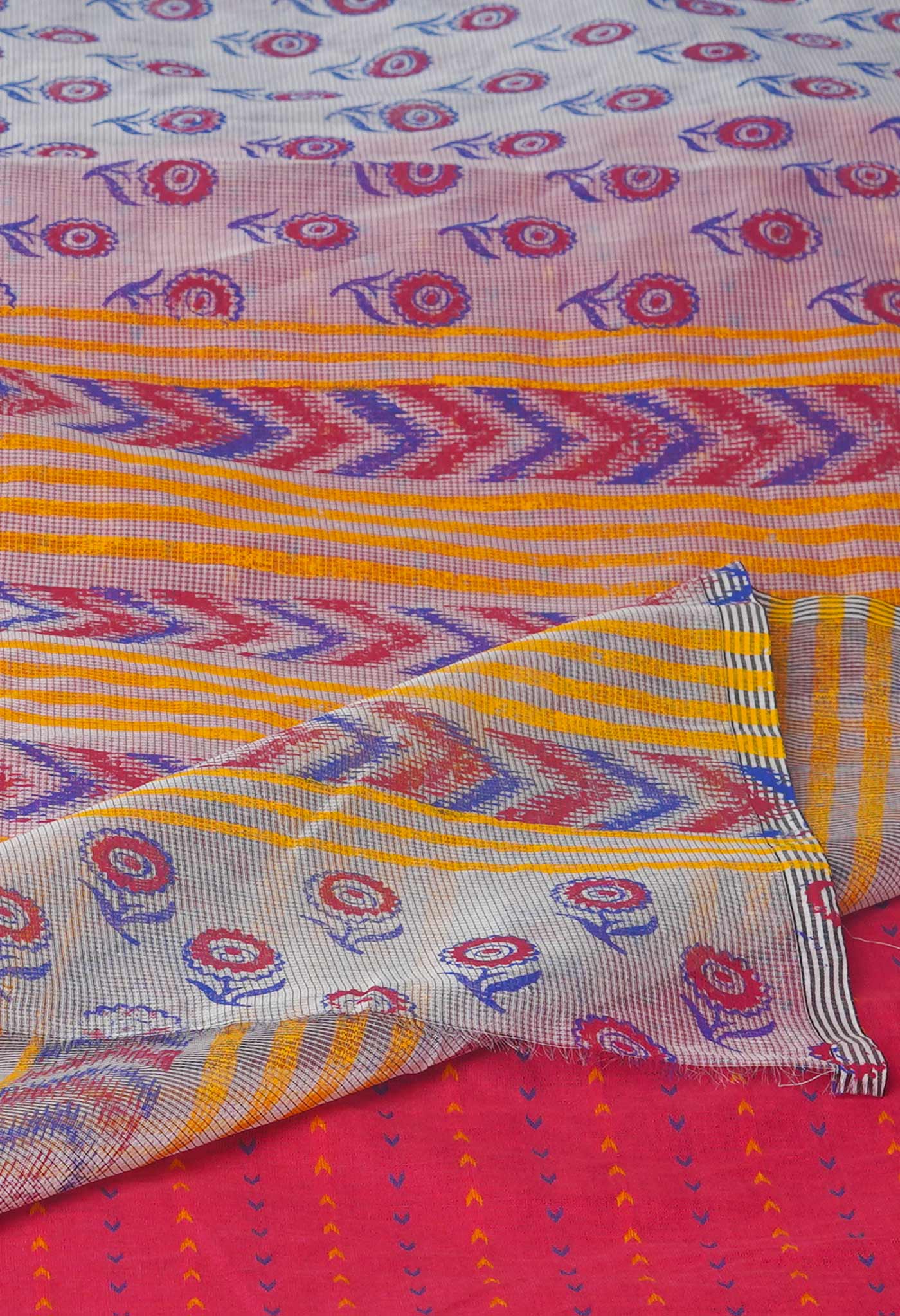 Cream Buttercup Yellow Block Printed Meghalaya Supernet Saree With Ikkattu Blouse Piece-UNM70878