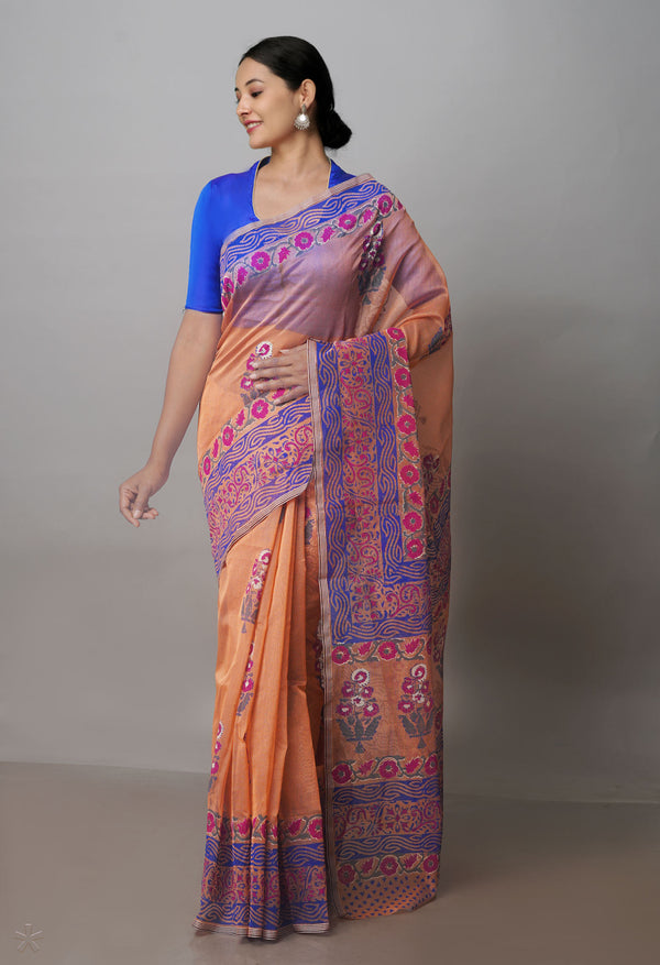 Salmon Orange Buttercup Yellow Block Printed Meghalaya Supernet Saree With Kalamkari Blouse Piece-UNM70879