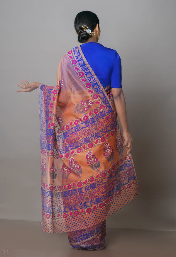 Salmon Orange Buttercup Yellow Block Printed Meghalaya Supernet Saree With Kalamkari Blouse Piece-UNM70879