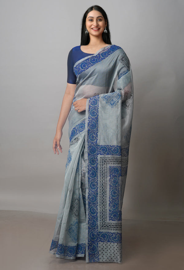 Grey Buttercup Yellow Block Printed Meghalaya Supernet Saree With Kalamkari Blouse Piece-UNM70882