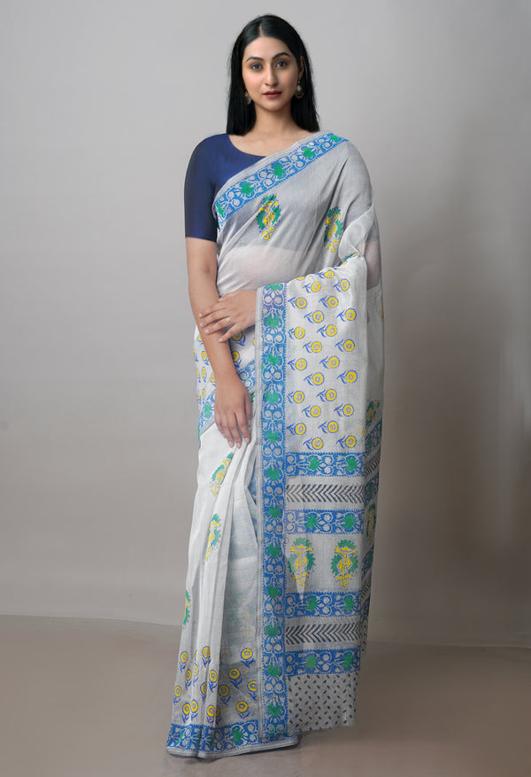 Pale Grey Buttercup Yellow Block Printed Meghalaya Supernet Saree with Ikkattu Blouse Piece-UNM70884