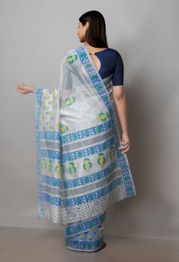 Pale Grey Buttercup Yellow Block Printed Meghalaya Supernet Saree with Ikkattu Blouse Piece-UNM70884