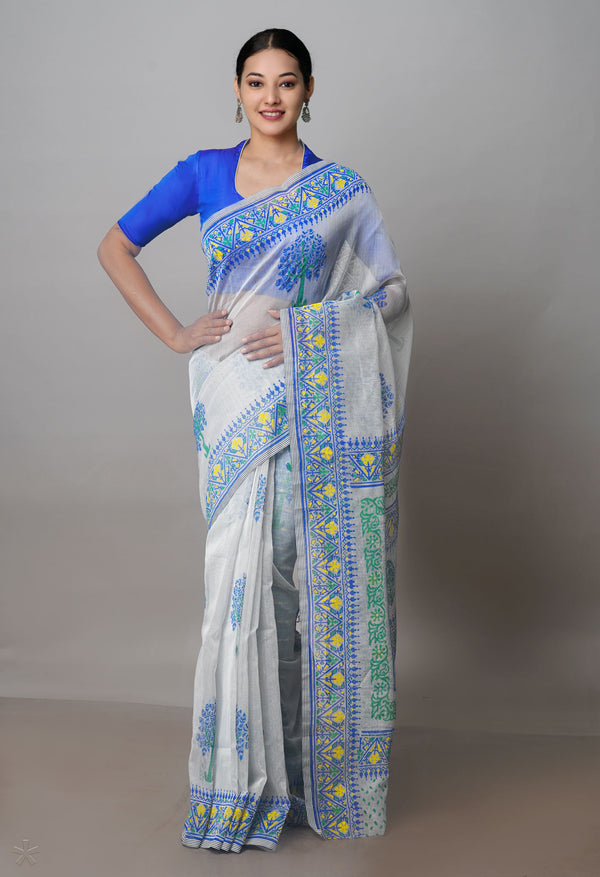 Pale Grey Buttercup Yellow Block Printed Meghalaya Supernet Saree with Ikat Blouse Piece-UNM70885