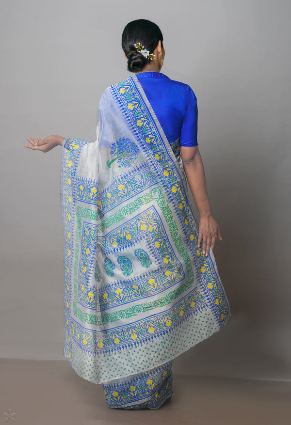 Pale Grey Buttercup Yellow Block Printed Meghalaya Supernet Saree with Ikat Blouse Piece-UNM70885