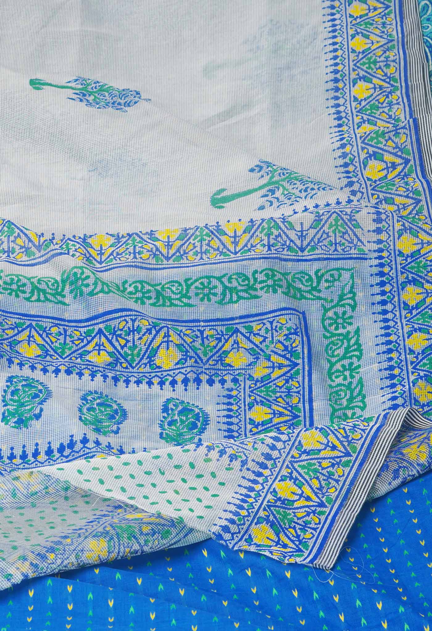 Pale Grey Buttercup Yellow Block Printed Meghalaya Supernet Saree with Ikat Blouse Piece-UNM70885