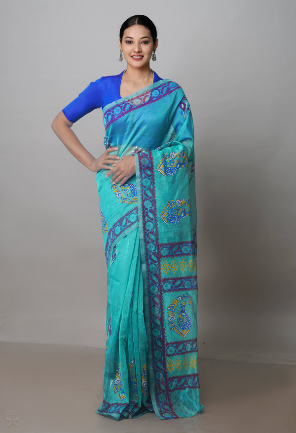 Tiffany Blue Buttercup Yellow Block Printed Meghalaya Supernet Saree With Kalamkari Blouse Piece-UNM70886