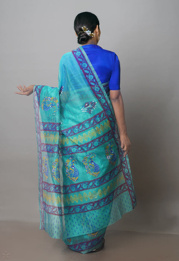 Tiffany Blue Buttercup Yellow Block Printed Meghalaya Supernet Saree With Kalamkari Blouse Piece-UNM70886
