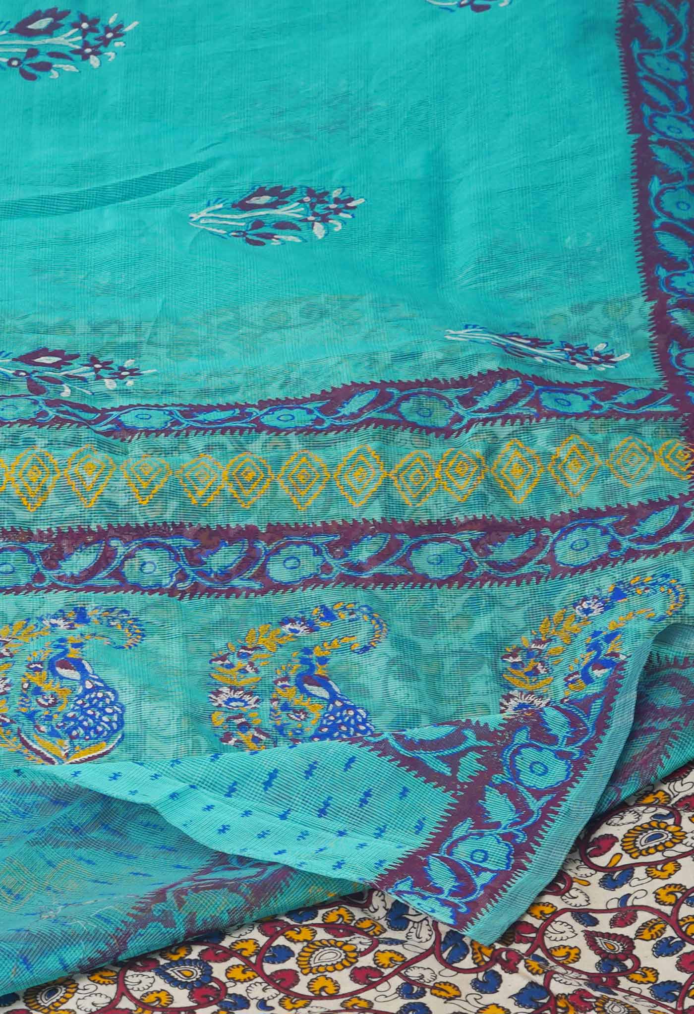 Tiffany Blue Buttercup Yellow Block Printed Meghalaya Supernet Saree With Kalamkari Blouse Piece-UNM70886