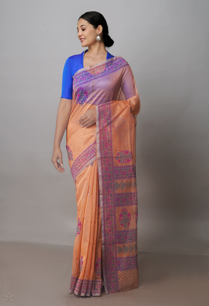 Salmon Orange Buttercup Yellow Block Printed Meghalaya Supernet Saree With Kalamkari Blouse Piece-UNM70887