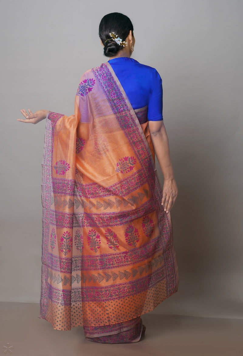 Salmon Orange Buttercup Yellow Block Printed Meghalaya Supernet Saree With Kalamkari Blouse Piece-UNM70887