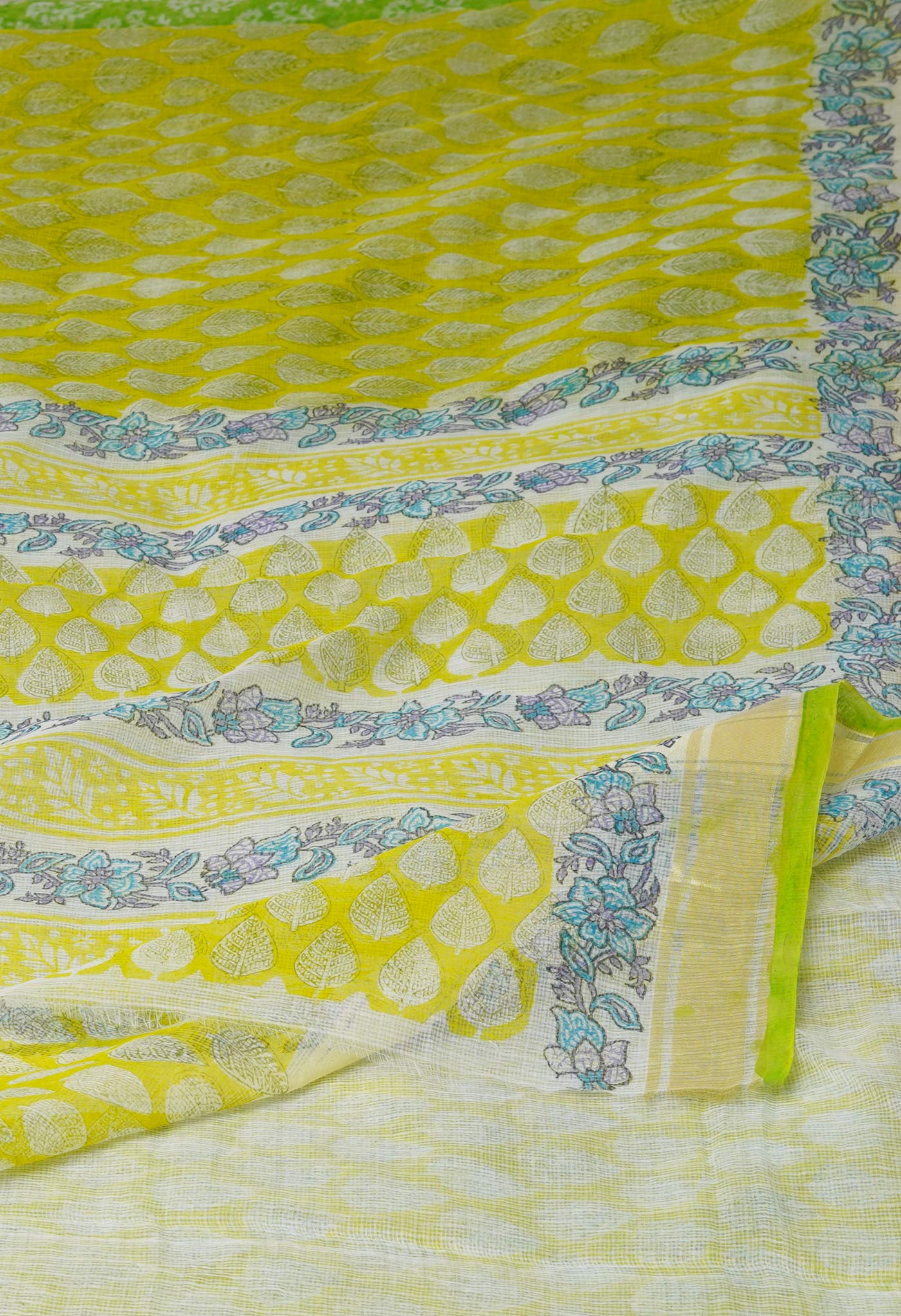 Bright Yellow- Green Block Printed Kota Saree-UNM70912