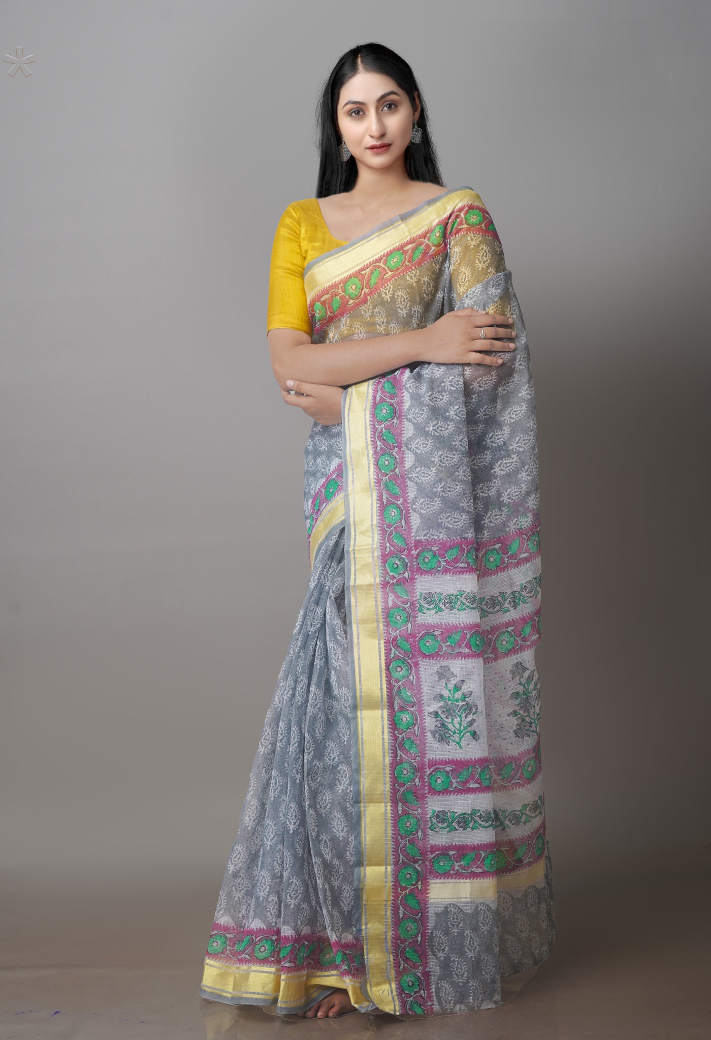Grey Block Printed Kota Saree-UNM70927