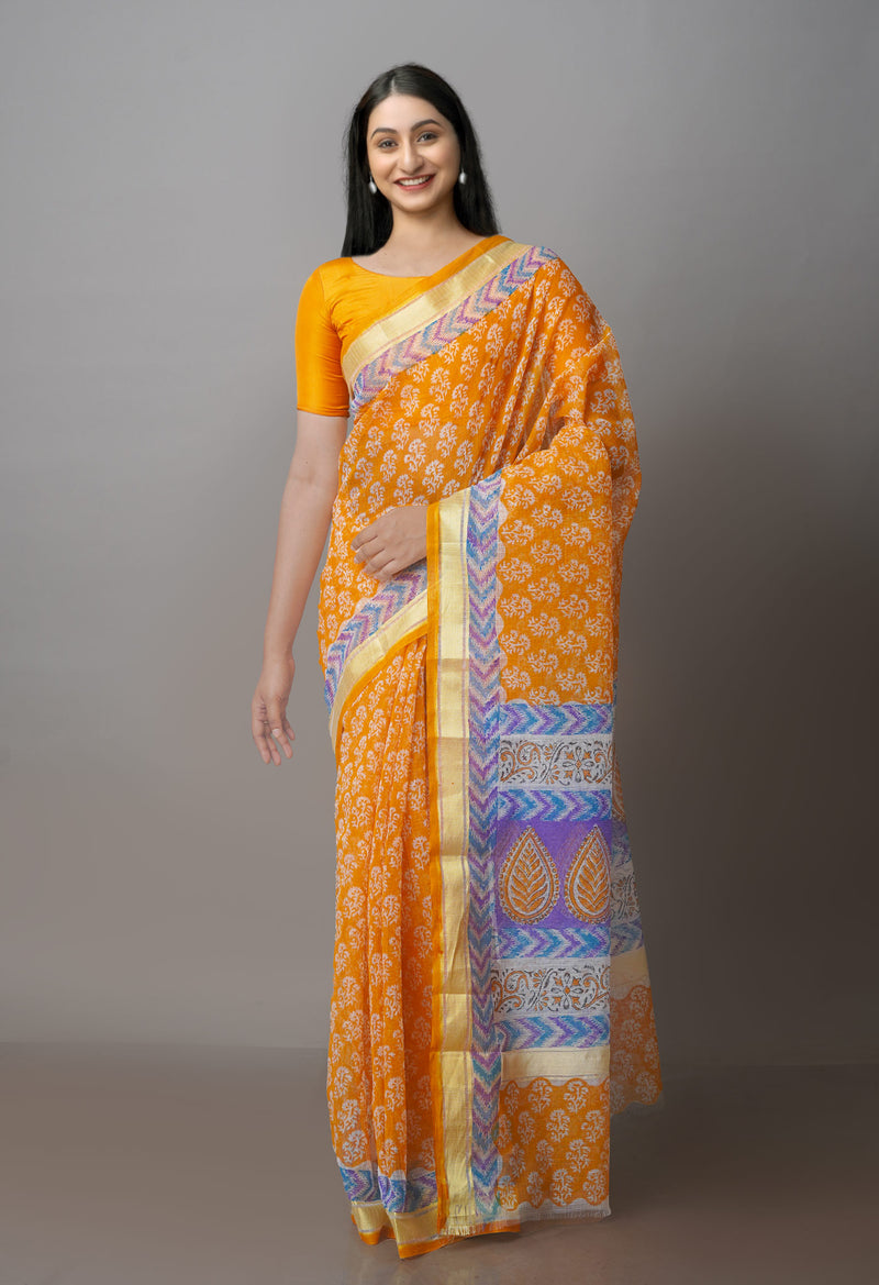 Orange Block Printed Kota Saree-UNM70932