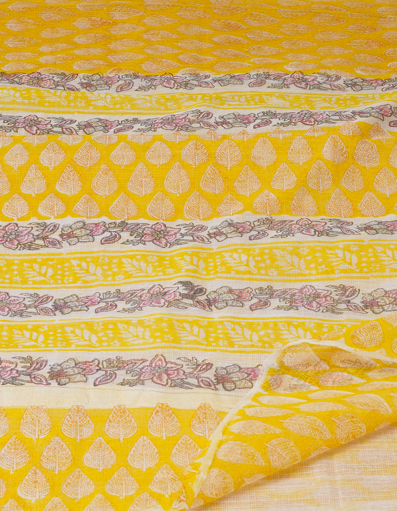 Yellow Block Printed Kota Saree-UNM70935