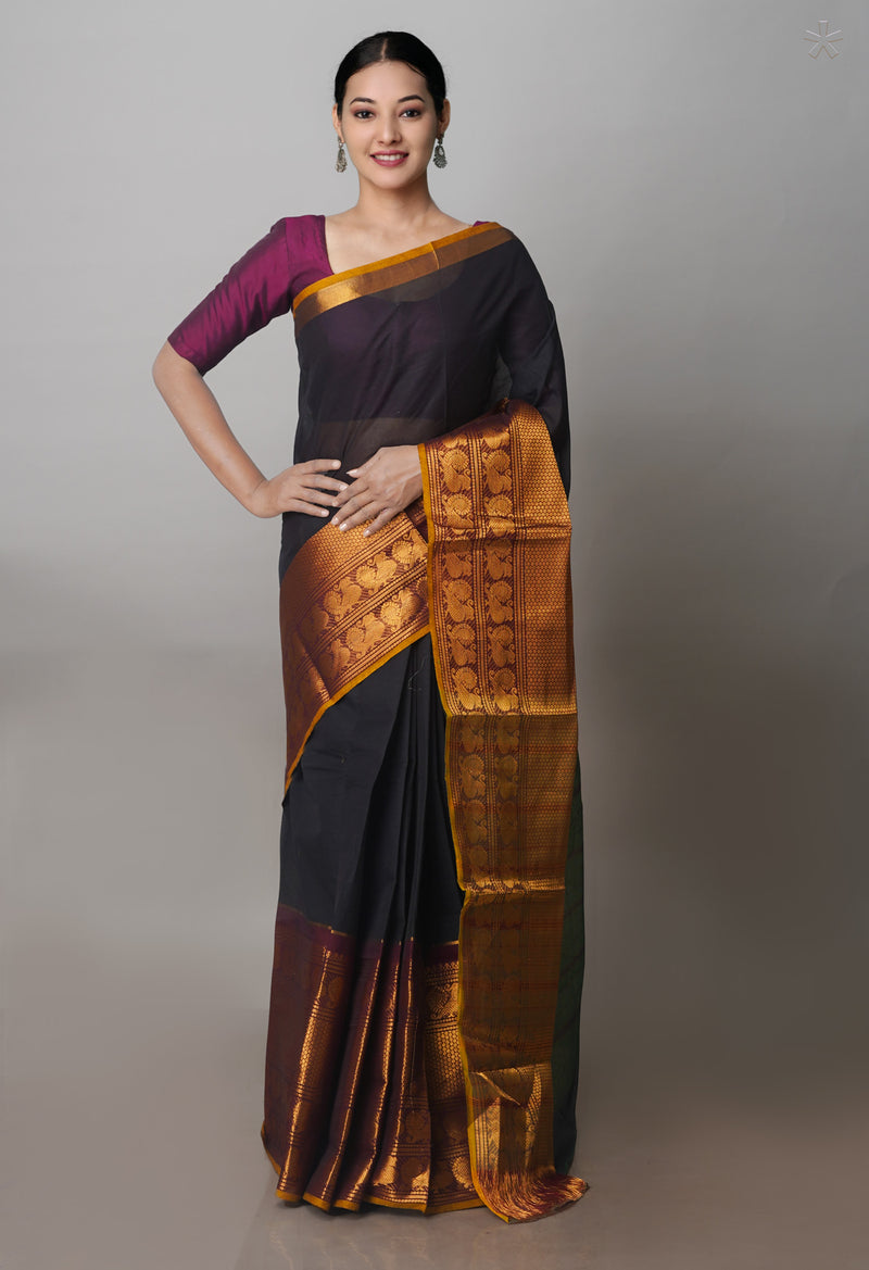 Black Kanchi Cotton Saree With Big Zari Border-UNM71017