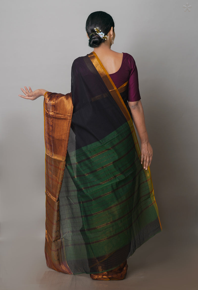 Black Kanchi Cotton Saree With Big Zari Border-UNM71017