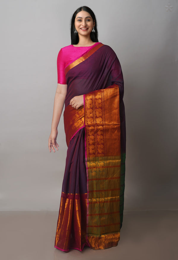 Dark Purple Kanchi Cotton Saree With Big Zari Border-UNM71019