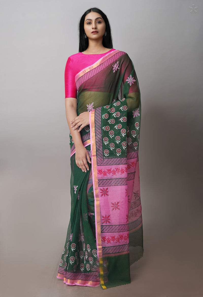 Green Pure Block Printed Kota Cotton Sarees-UNM71030