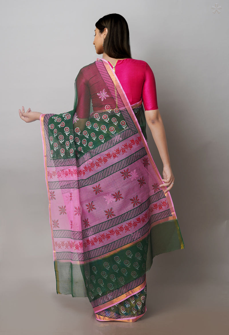 Green Pure Block Printed Kota Cotton Sarees-UNM71030