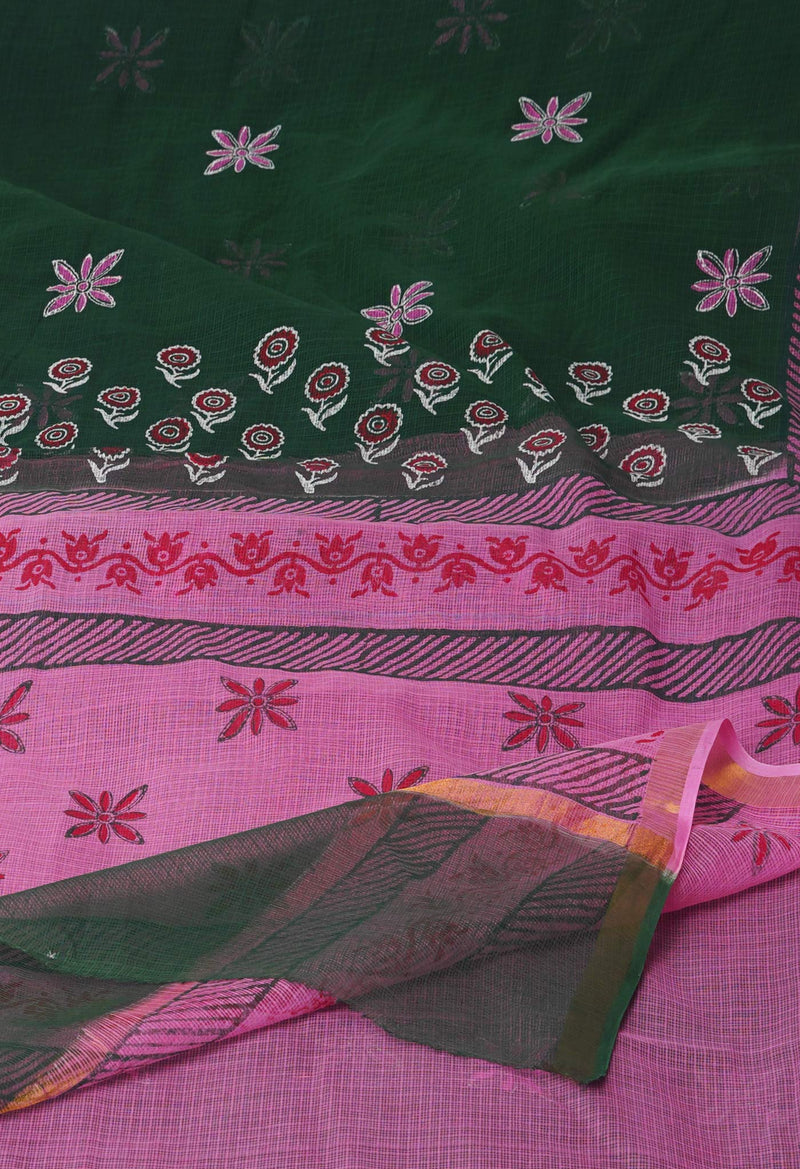 Green Pure Block Printed Kota Cotton Sarees-UNM71030