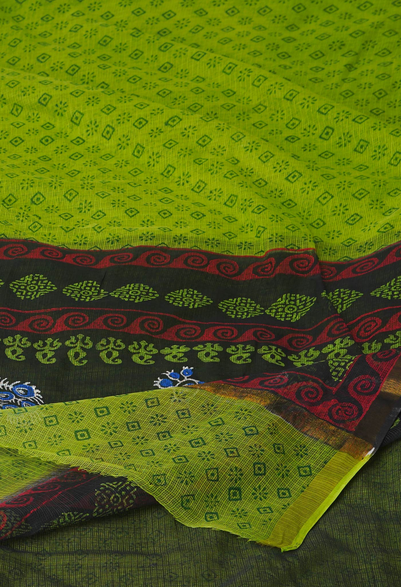 Green Pure Block Printed Kota Cotton Sarees-UNM71045