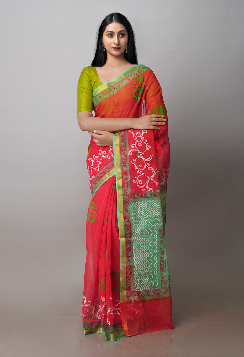 Red Pure Block Printed Kota Cotton Sarees-UNM71066