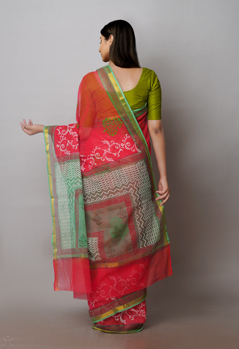 Red Pure Block Printed Kota Cotton Sarees-UNM71066