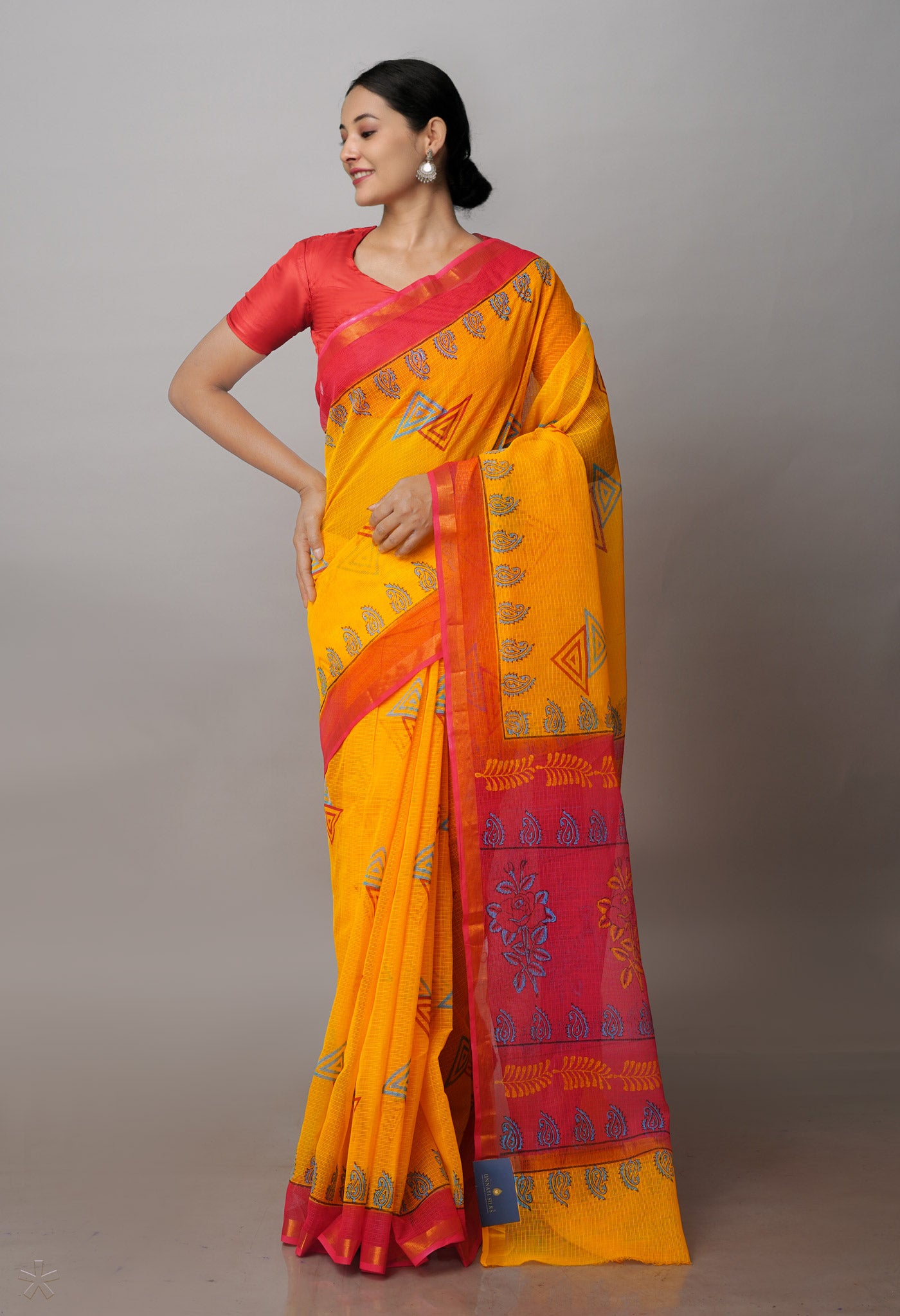 Yellow Pure Block Printed Kota Cotton Sarees-UNM71073