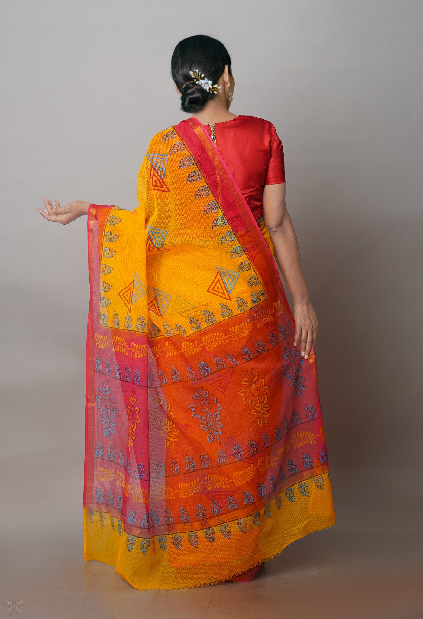 Yellow Pure Block Printed Kota Cotton Sarees-UNM71073